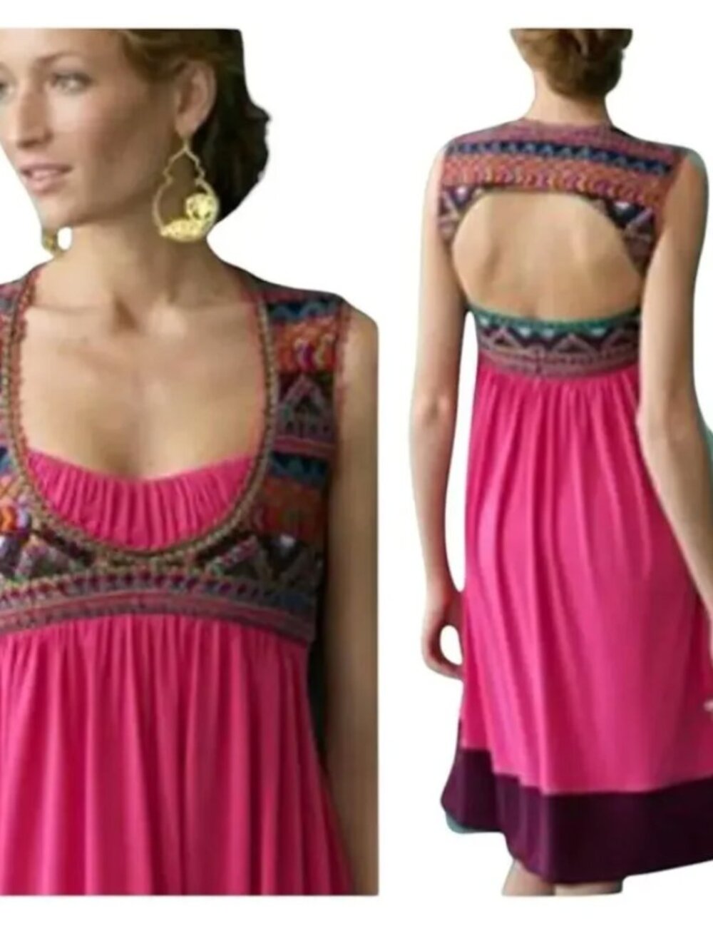 Anthropologie Ranna Gill Pink Beaded and Embroidered babydoll dress